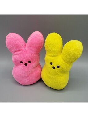 Lot of 2 Peeps Easter Bunny Rabbit Plush Pink Yellow 6" 2014 Stuffed Animal READ